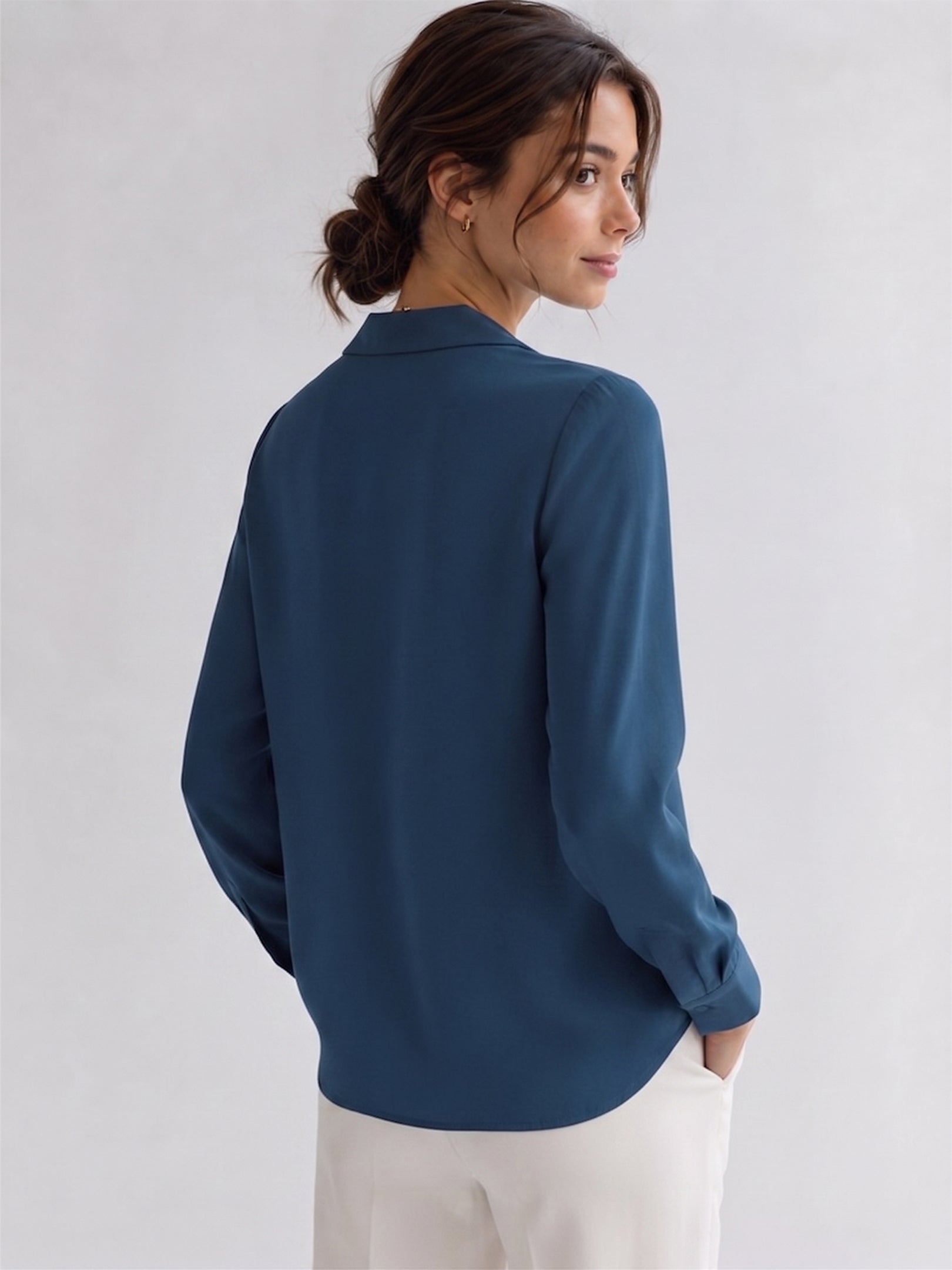 VORA LABEL Women's Royal Blue Crepe Shirt | Elegant Full Sleeve Collared Top for Women Secondary image