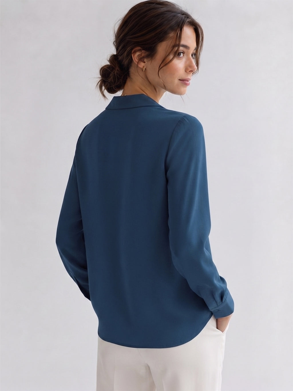 VORA LABEL Women's Royal Blue Crepe Shirt | Elegant Full Sleeve Collared Top for Women