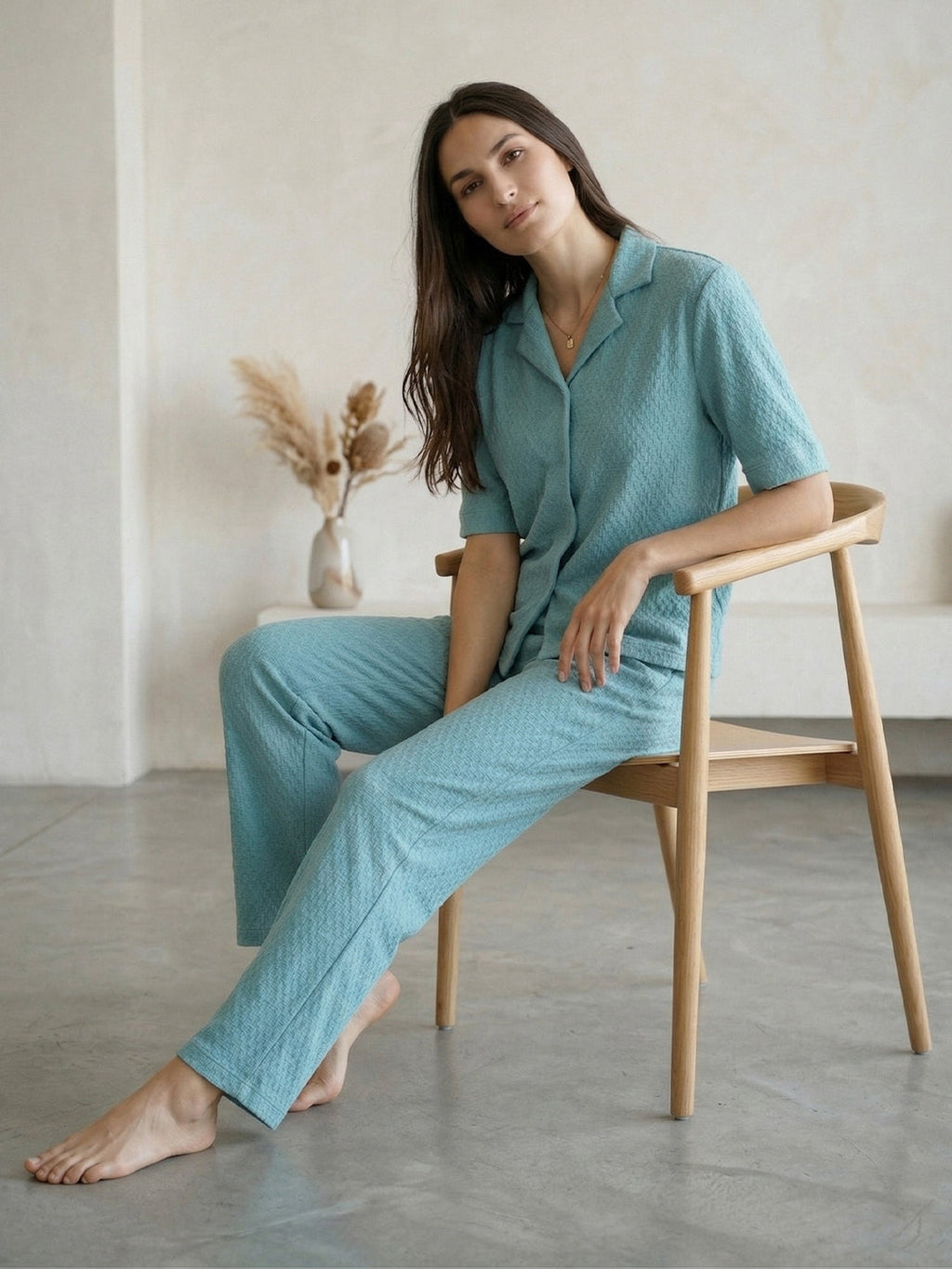 VORA LABEL Women Linen Solid Relaxed Fit Co-ord Set - Turquoise
