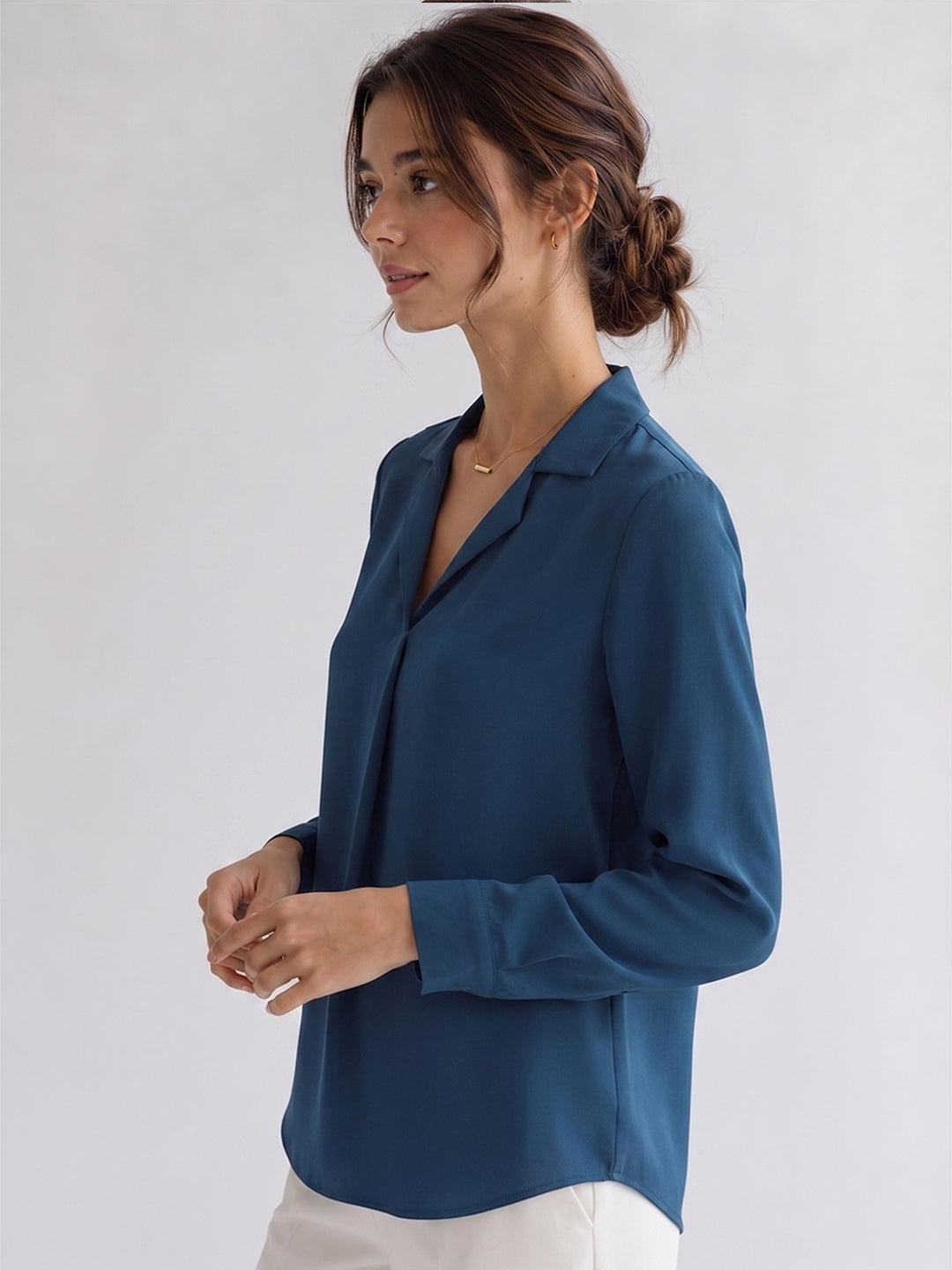 VORA LABEL Women's Royal Blue Crepe Shirt | Elegant Full Sleeve Collared Top for Women