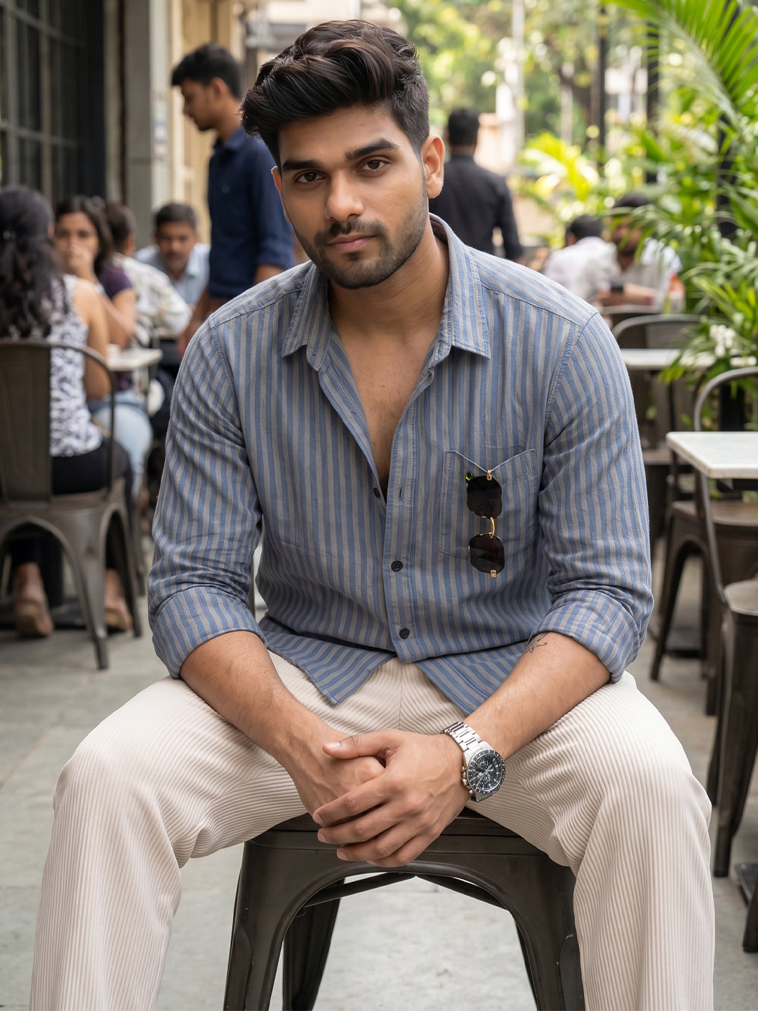 VORA LABEL Men Cotton Striped Regular Fit Casual Shirt - Teal Blue Main image
