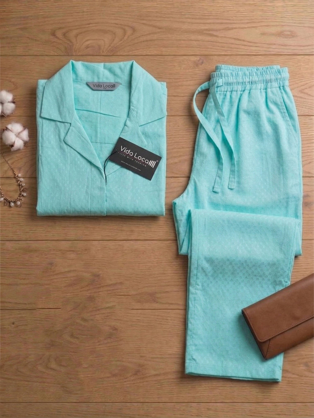 VORA LABEL Women Linen Solid Relaxed Fit Co-ord Set - Turquoise