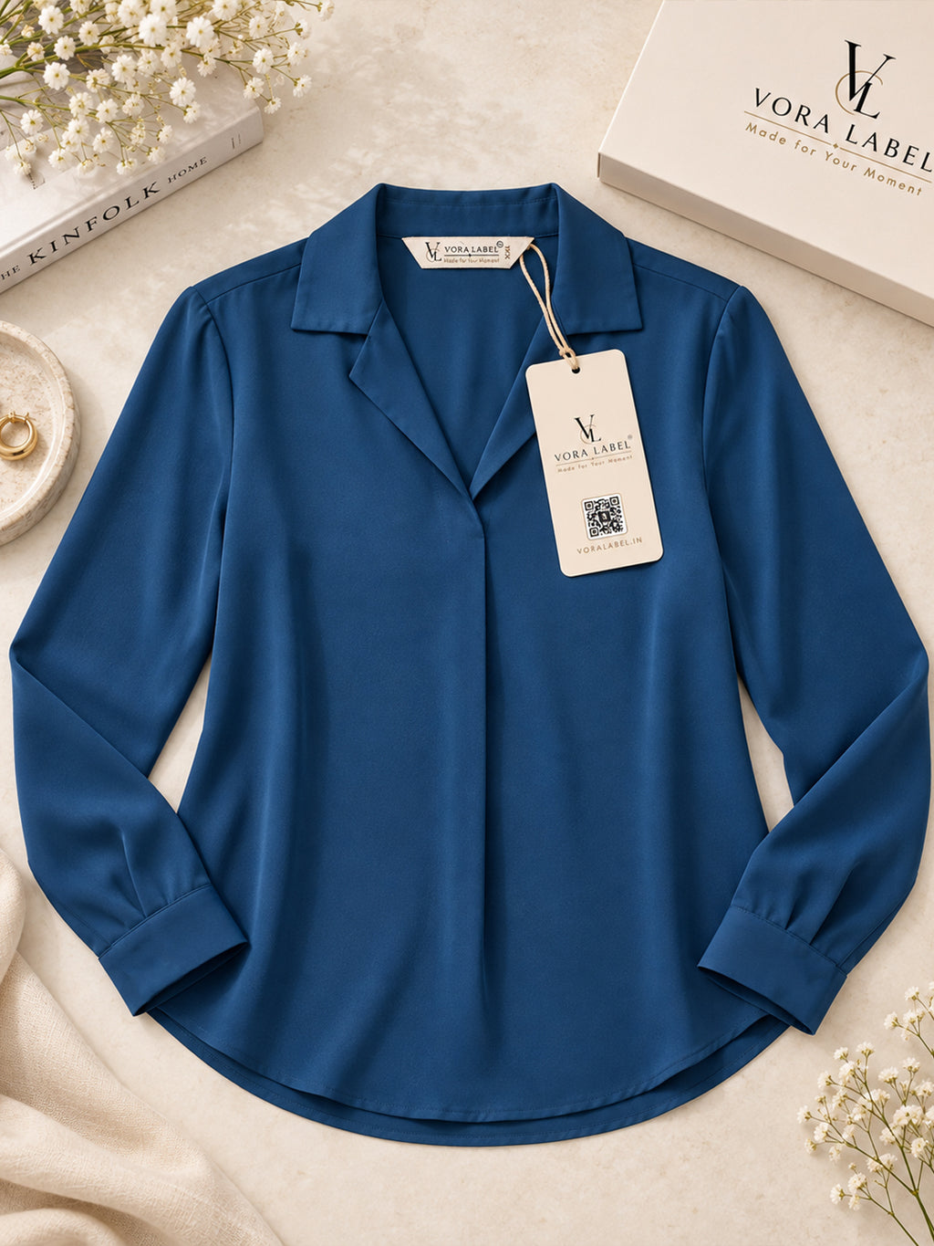 VORA LABEL Women's Royal Blue Crepe Shirt | Elegant Full Sleeve Collared Top for Women