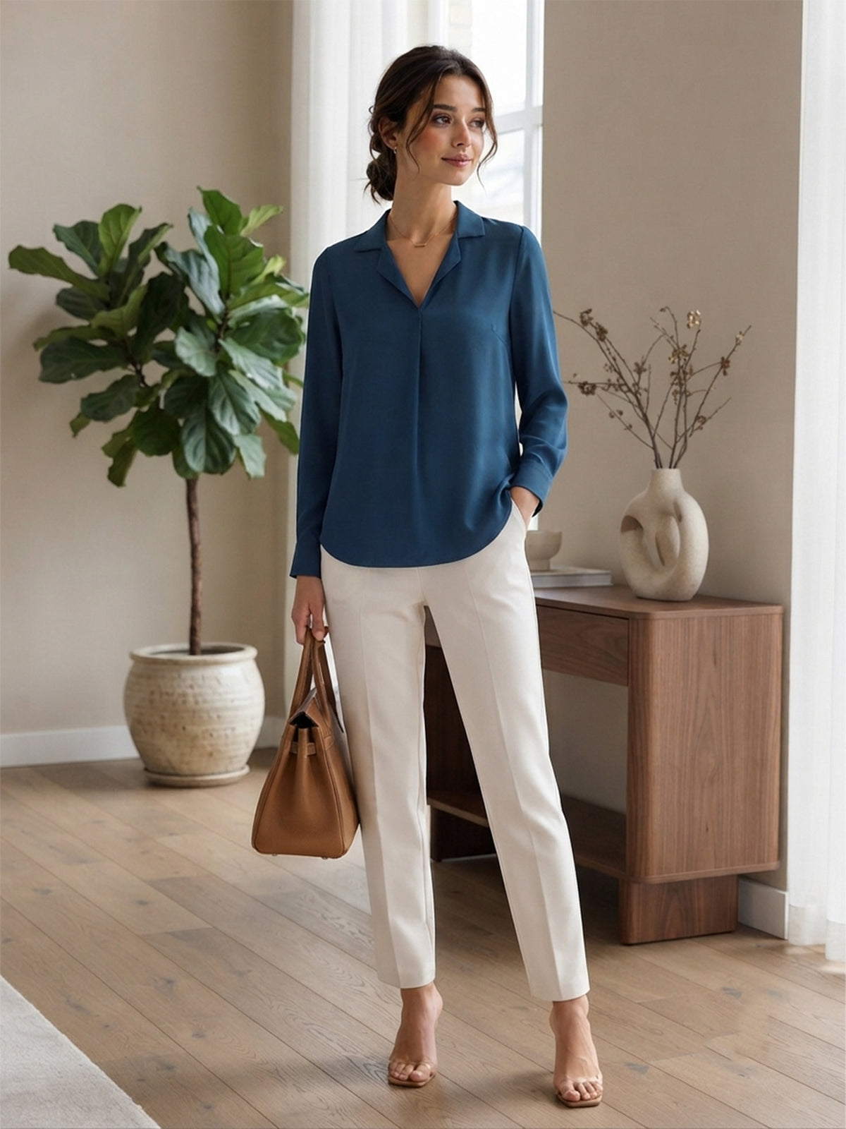 VORA LABEL Women's Royal Blue Crepe Shirt | Elegant Full Sleeve Collared Top for Women