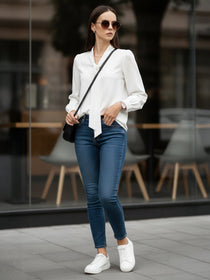VORA LABEL Women Denim Solid Regular Fit Top - White
