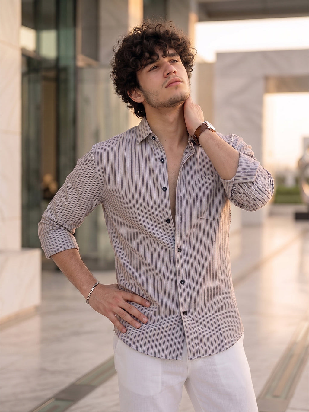 VORA LABEL Men Cotton Striped Regular Fit Casual Shirt - Gray Light
