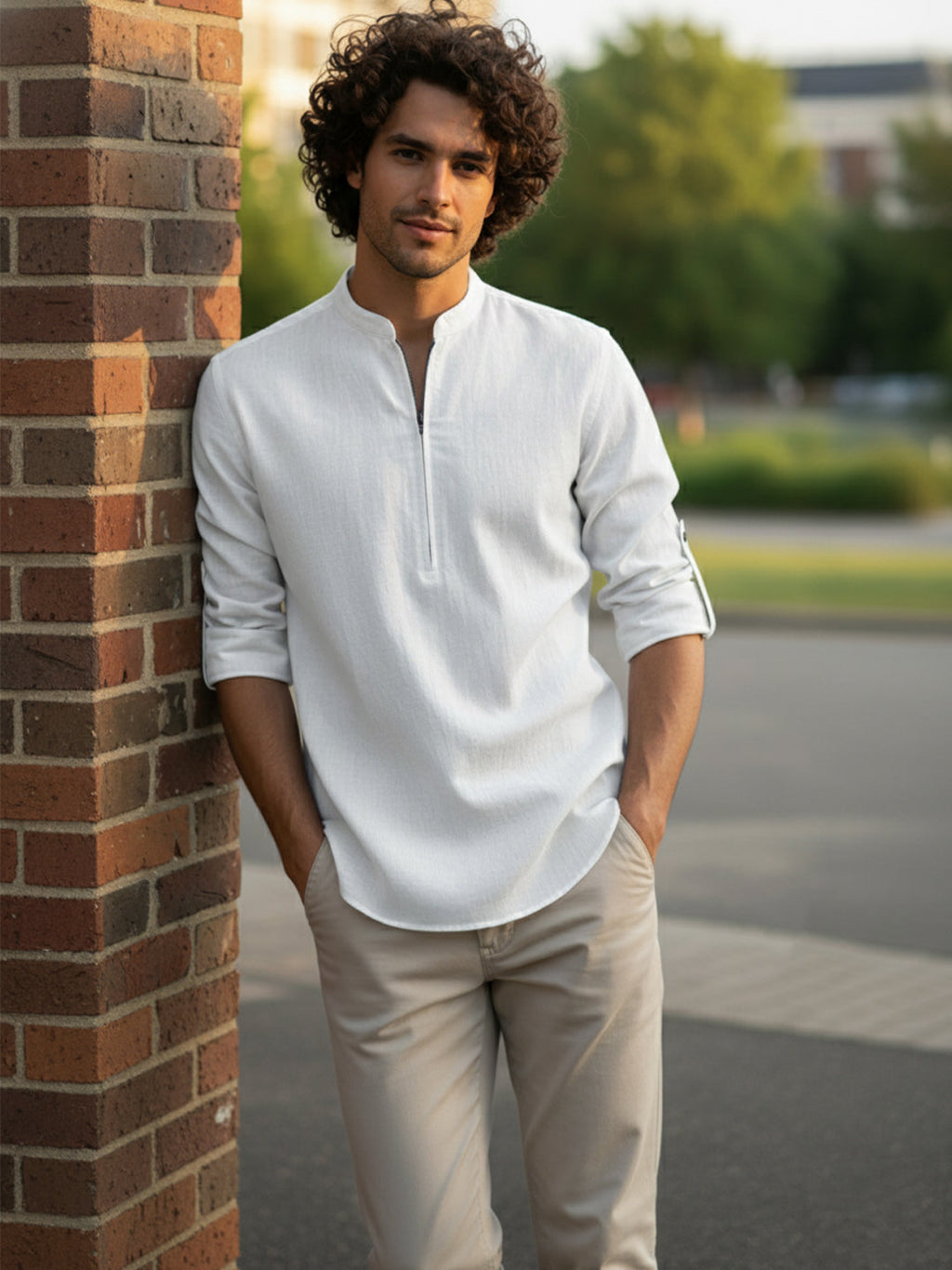 VORA LABEL Men Cotton Blend Striped Solid Short Kurta - Beige