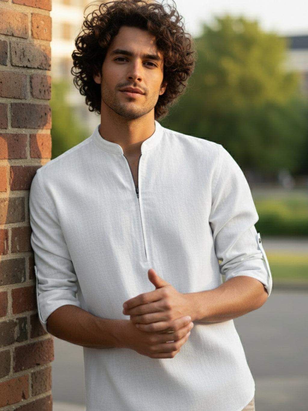 VORA LABEL Men Cotton Blend Striped Solid Short Kurta - Beige