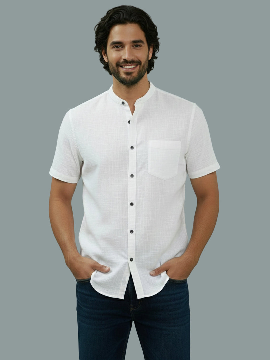 VORA LABEL Men Cotton Regular Fit Mandarin Collar Casual Shirt - White