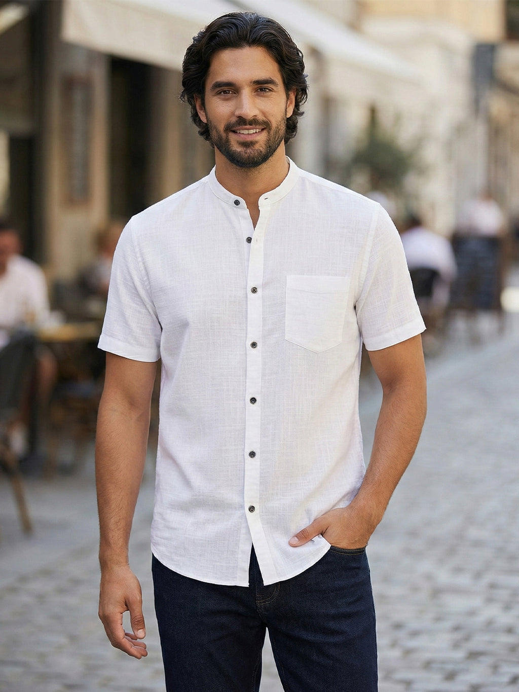 VORA LABEL Men Cotton Regular Fit Mandarin Collar Casual Shirt - White