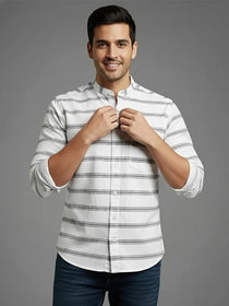 VORA LABEL Men Cotton Striped Spread Collar Short Kurta - White