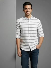 VORA LABEL Men Cotton Striped Spread Collar Short Kurta - White