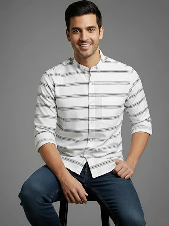 VORA LABEL Men Cotton Striped Spread Collar Short Kurta - White Main image