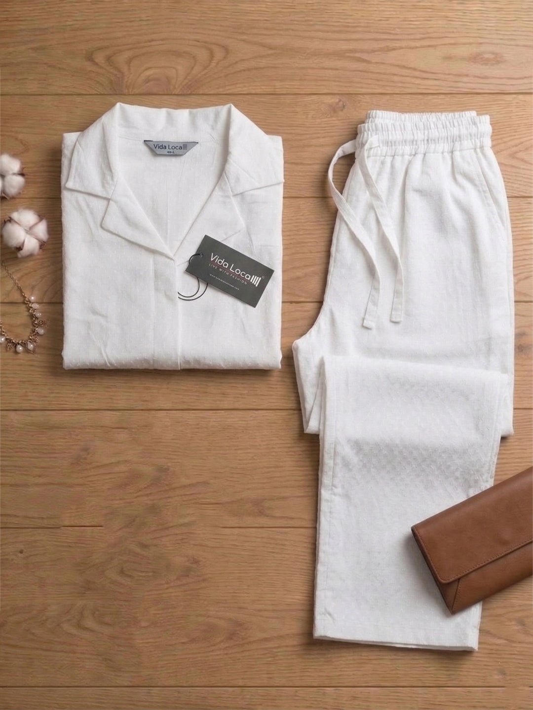 VORA LABEL Women Linen Solid Relaxed Fit Half Sleeve Co-ord Set - White