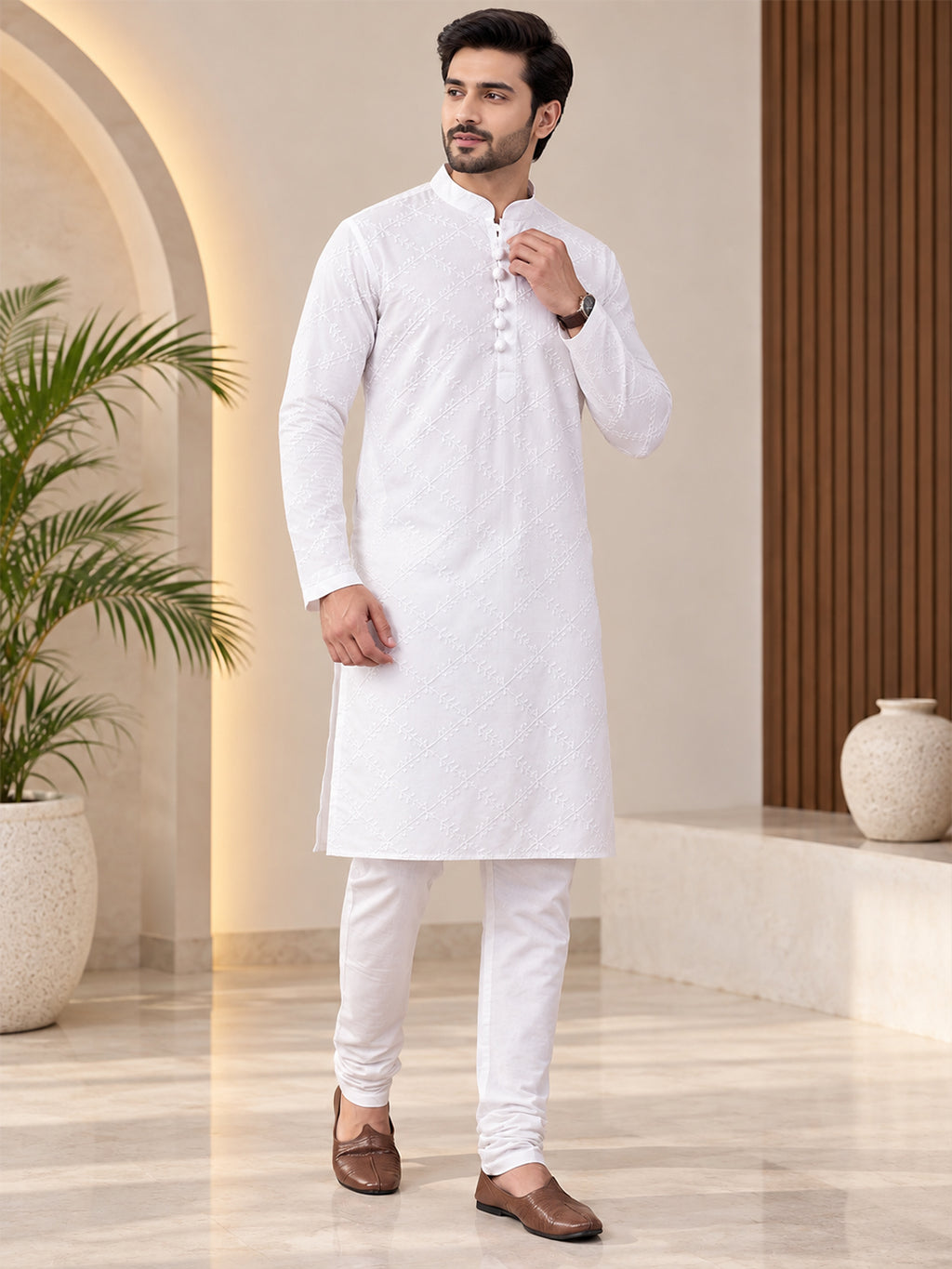 VORA LABEL Men's Pure Cotton Embroidered White Kurta | Regular Fit Ethnic Wear | Full Sleeve Traditional Kurta