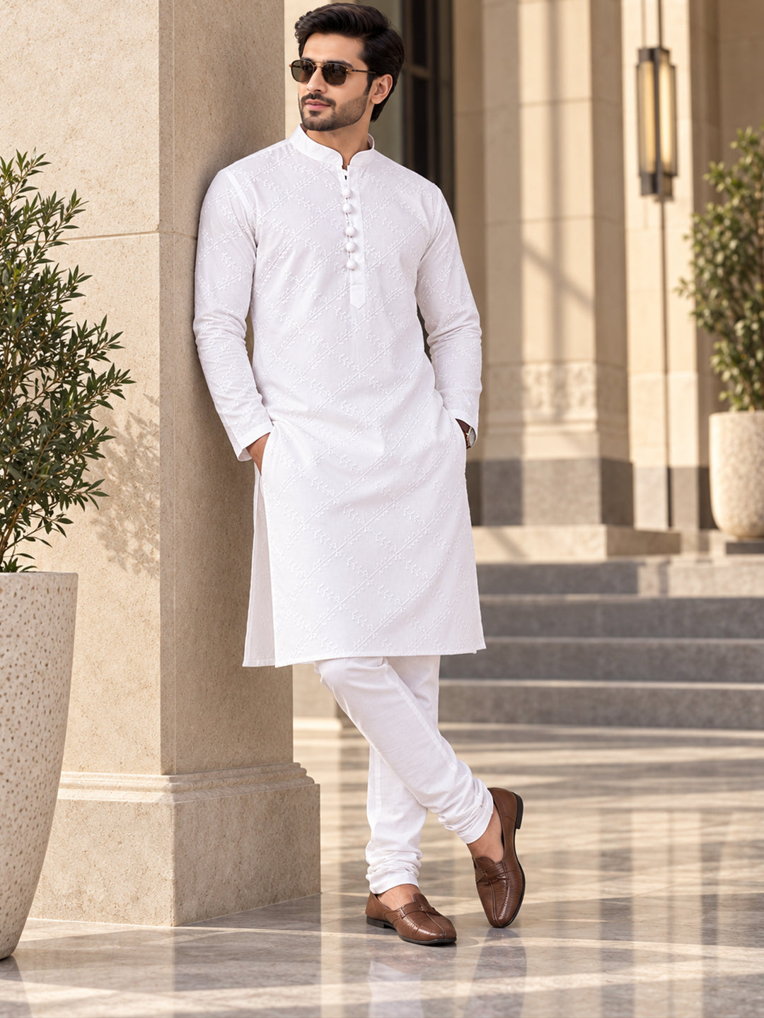 VORA LABEL Men's Pure Cotton Embroidered White Kurta | Regular Fit Ethnic Wear | Full Sleeve Traditional Kurta Main image