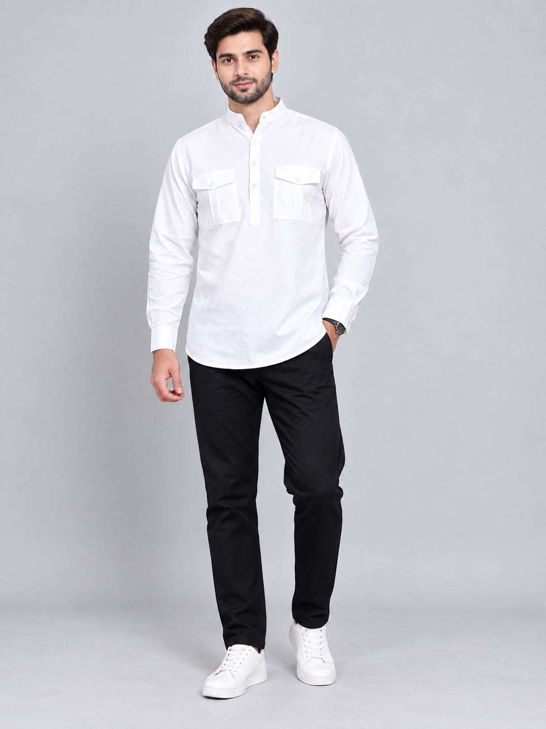 VORA LABEL Men’s Pure Cotton Solid Mandarin Collar Kurta | Full Sleeves with Roll-Up Tab | Casual & Smart Casual Wear