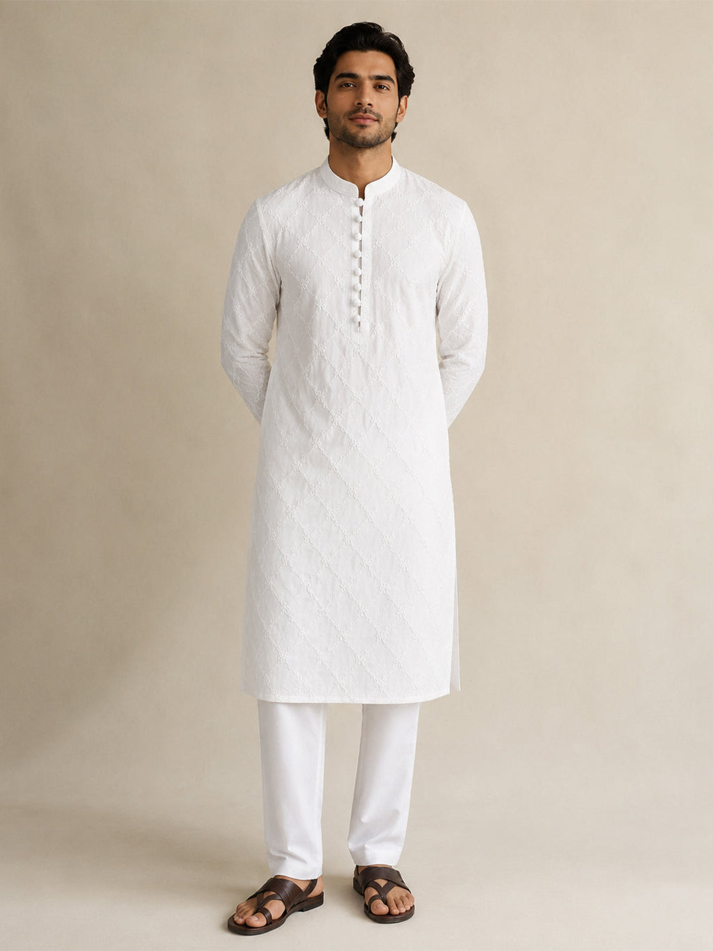 VORA LABEL Men Cotton Chikankari Embroidered Regular Fit Long Kurta - White