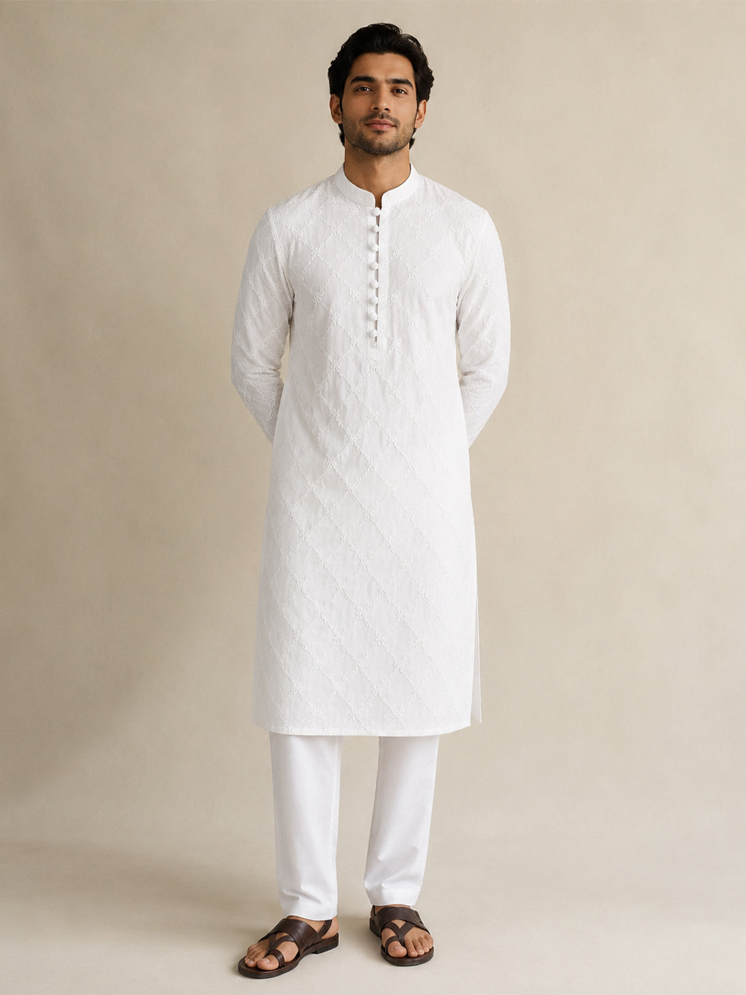 VORA LABEL Men Cotton Chikankari Embroidered Regular Fit Long Kurta - White