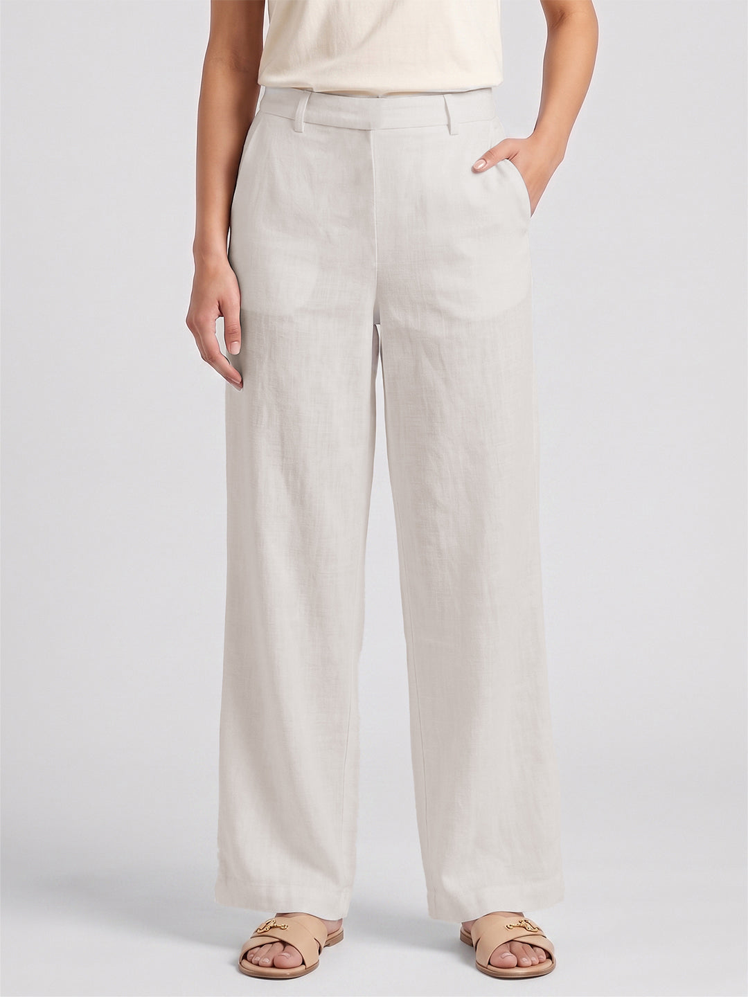 VORA LABEL Women Linen Solid Full Length Wide-Leg Trousers - Cream