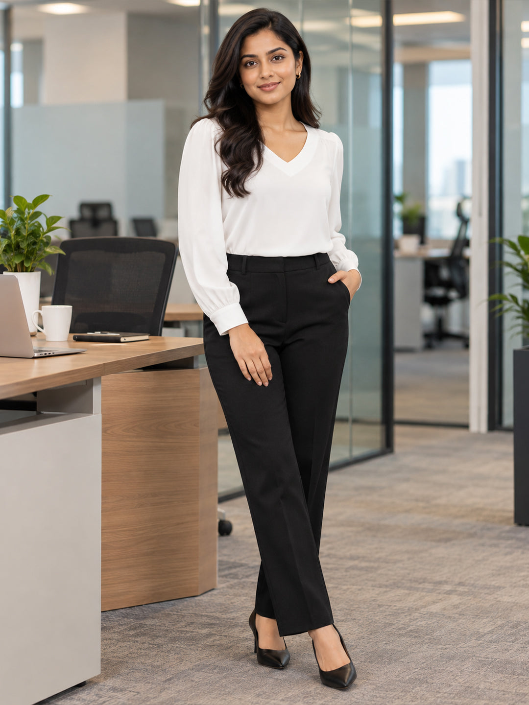 VORA LABEL Women's Premium White Crepe V-Neck Top with Full Sleeves | Elegant Formal & Office Wear Blouse Main image