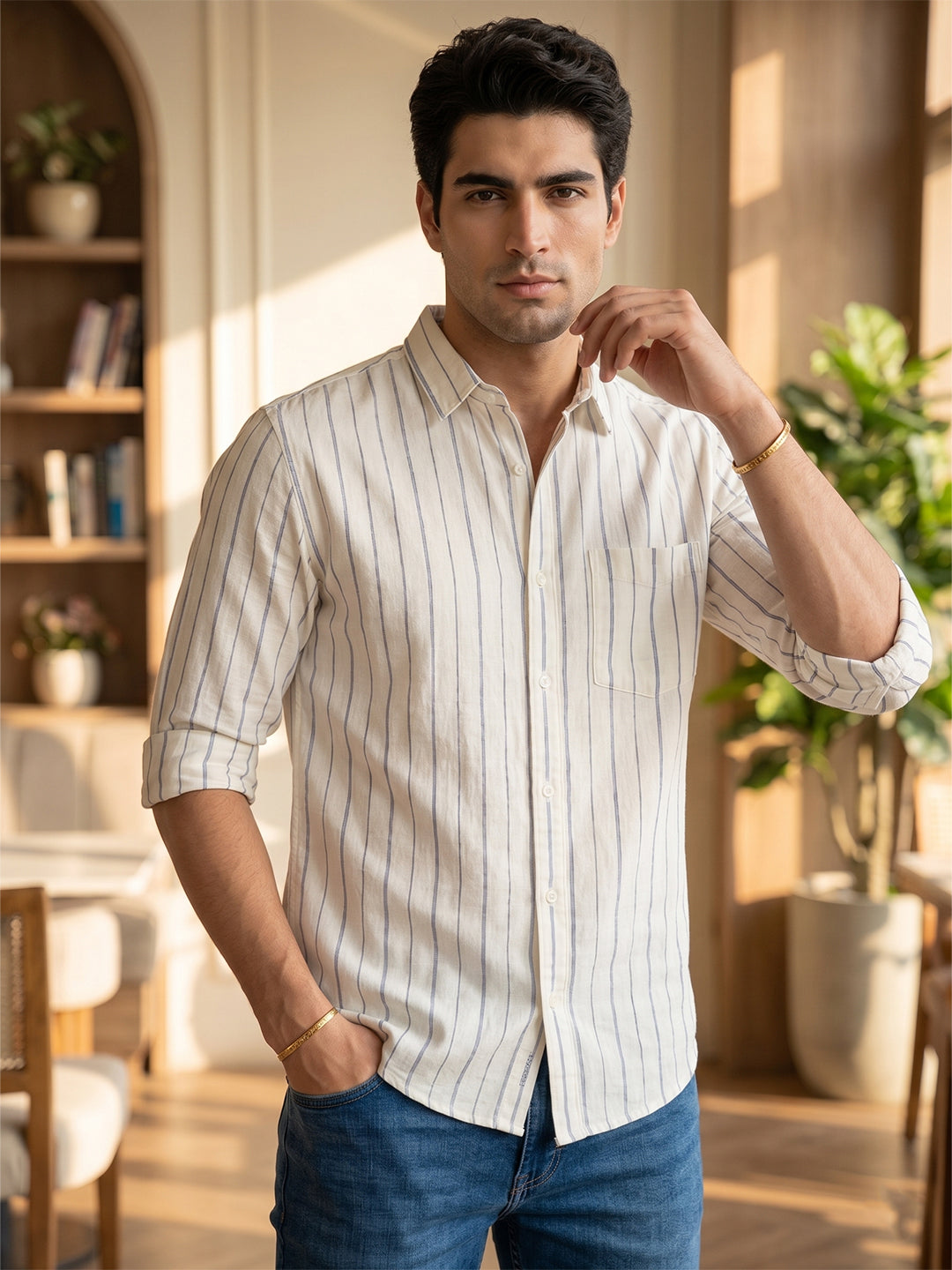 VORA LABEL Men Cotton Striped Regular Fit Casual Shirt - White Main image