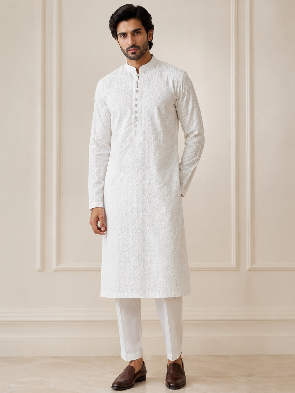 VORA LABEL Men Cotton Chikankari Embroidered Long Kurta - White