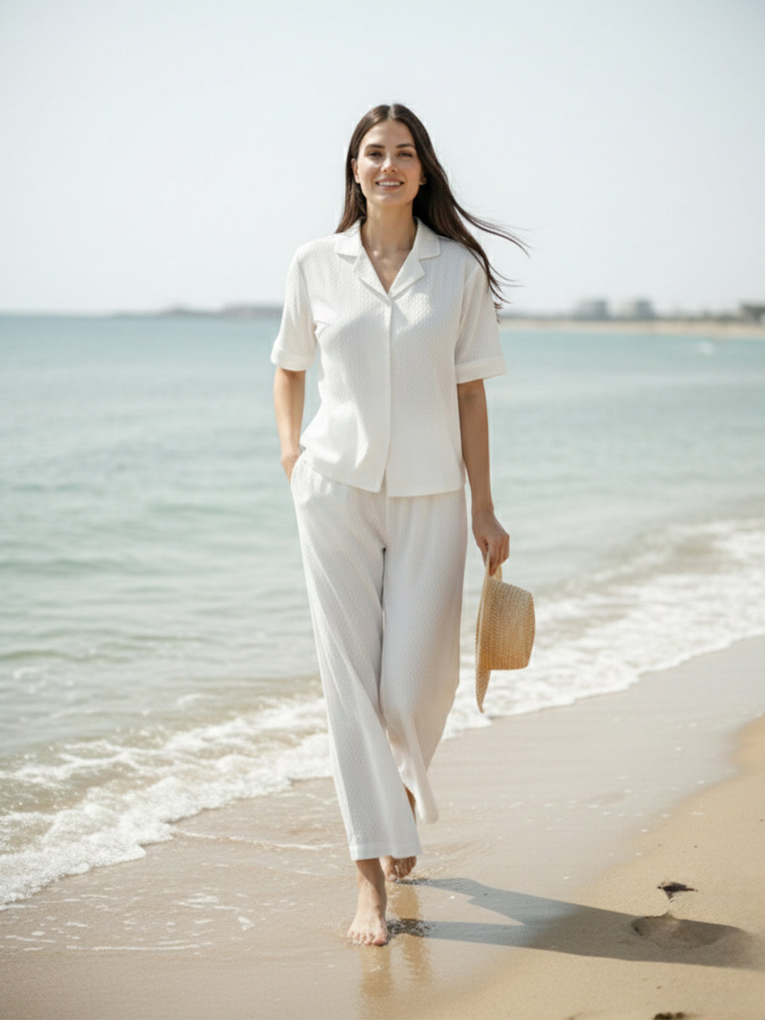 VORA LABEL Women Linen Solid Relaxed Fit Half Sleeve Co-ord Set - White