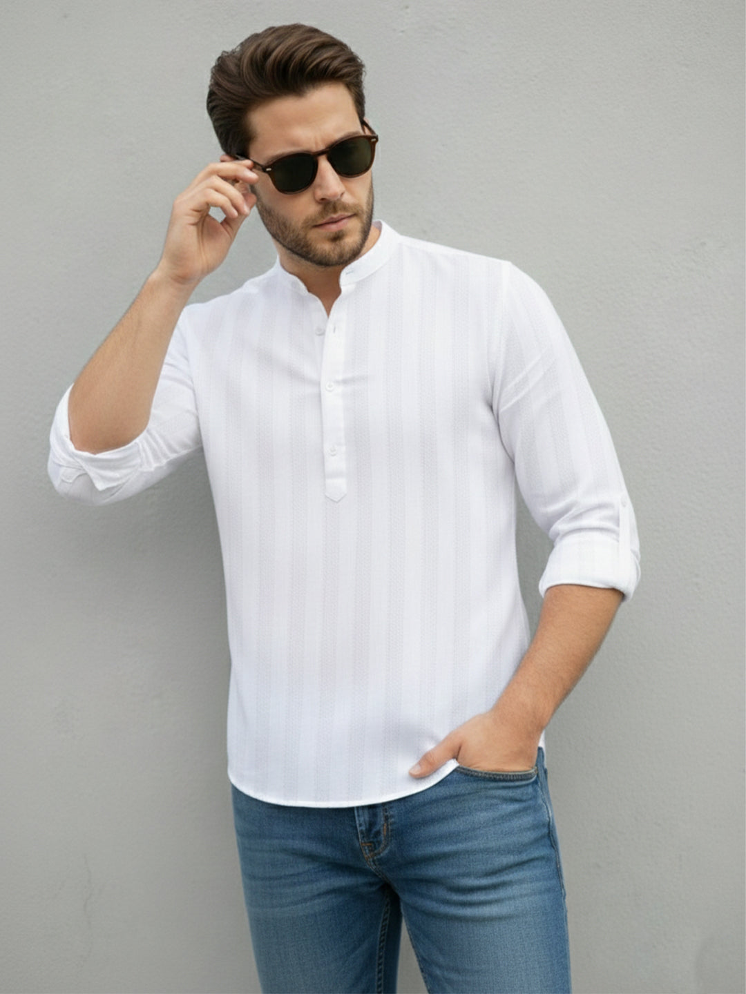VORA LABEL Men Cotton Striped Relaxed Fit Mandarin Collar Full Sleeve Short Kurta - White Secondary image