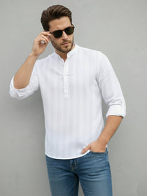 VORA LABEL Men Cotton Striped Relaxed Fit Mandarin Collar Full Sleeve Short Kurta - White