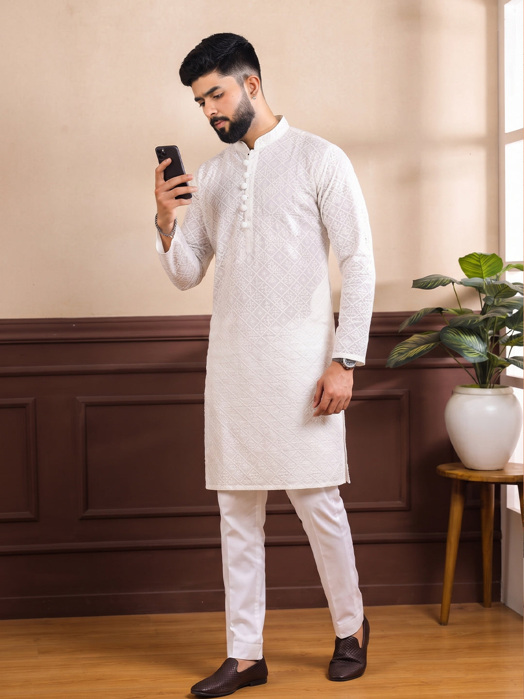 VORA LABEL Men Cotton Self-Design Regular Fit Long Kurta - White Secondary image