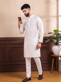 VORA LABEL Men Cotton Self-Design Regular Fit Long Kurta - White