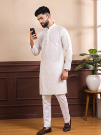 VORA LABEL Men's Pure Cotton White Embroidered Kurta | Mandarin Collar | Traditional Ethnic Wear