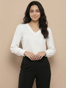 VORA LABEL Women's Premium White Crepe V-Neck Top with Full Sleeves | Elegant Formal & Office Wear Blouse