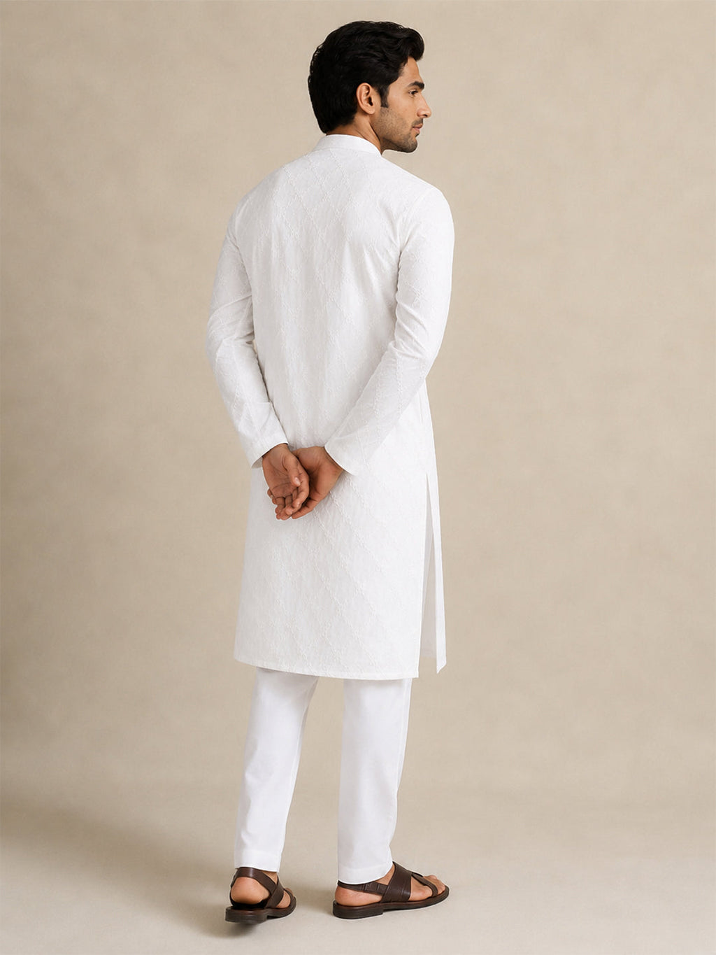 VORA LABEL Men Cotton Chikankari Embroidered Regular Fit Long Kurta - White