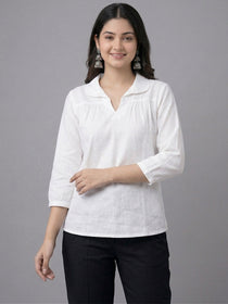 VORA LABEL Women Linen Cotton Regular Fit V Neck Top - White