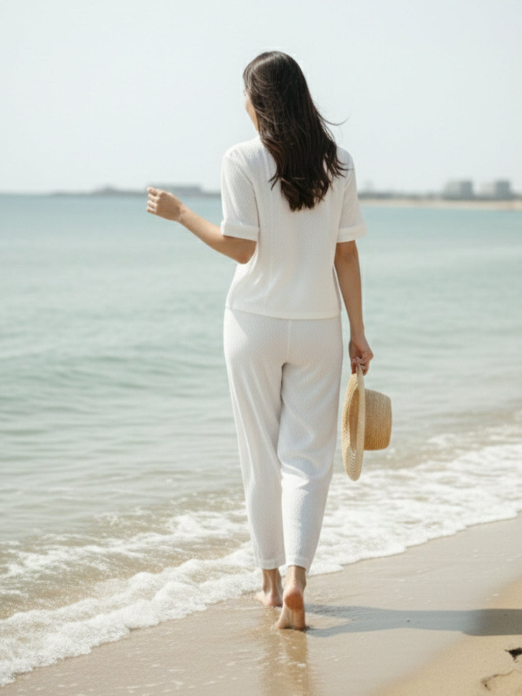 VORA LABEL Women Linen Solid Relaxed Fit Half Sleeve Co-ord Set - White