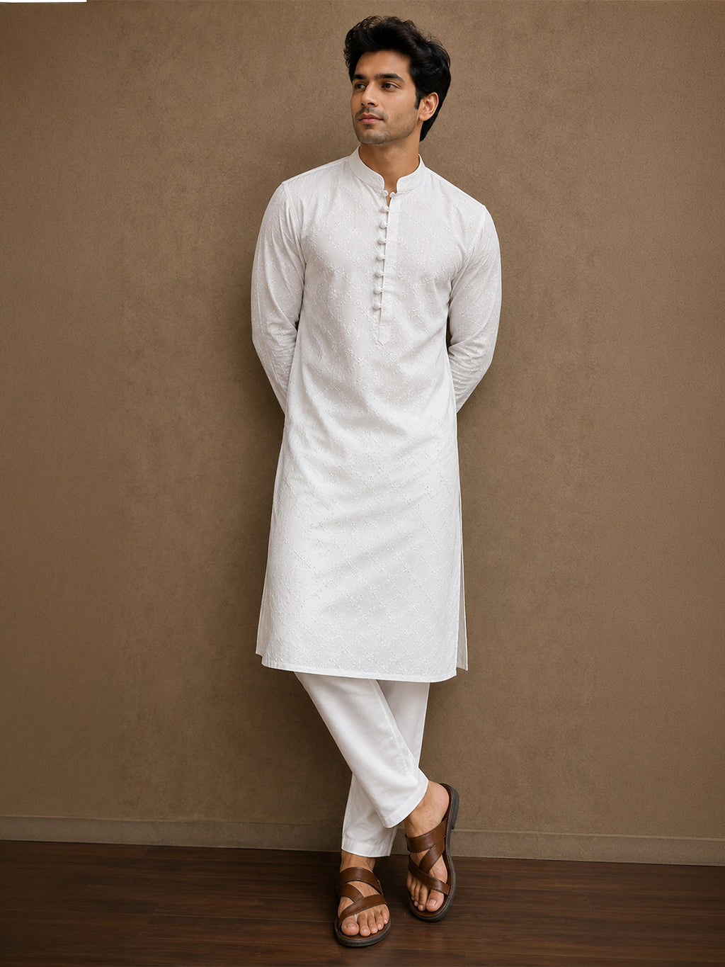 VORA LABEL Men's Pure Cotton Embroidered White Kurta | Regular Fit Ethnic Wear | Full Sleeve Traditional Kurta