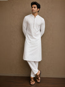 VORA LABEL Men's Pure Cotton Embroidered White Kurta | Regular Fit Ethnic Wear | Full Sleeve Traditional Kurta