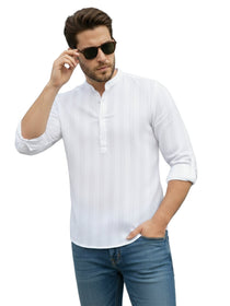 VORA LABEL Men Cotton Striped Relaxed Fit Mandarin Collar Full Sleeve Short Kurta - White