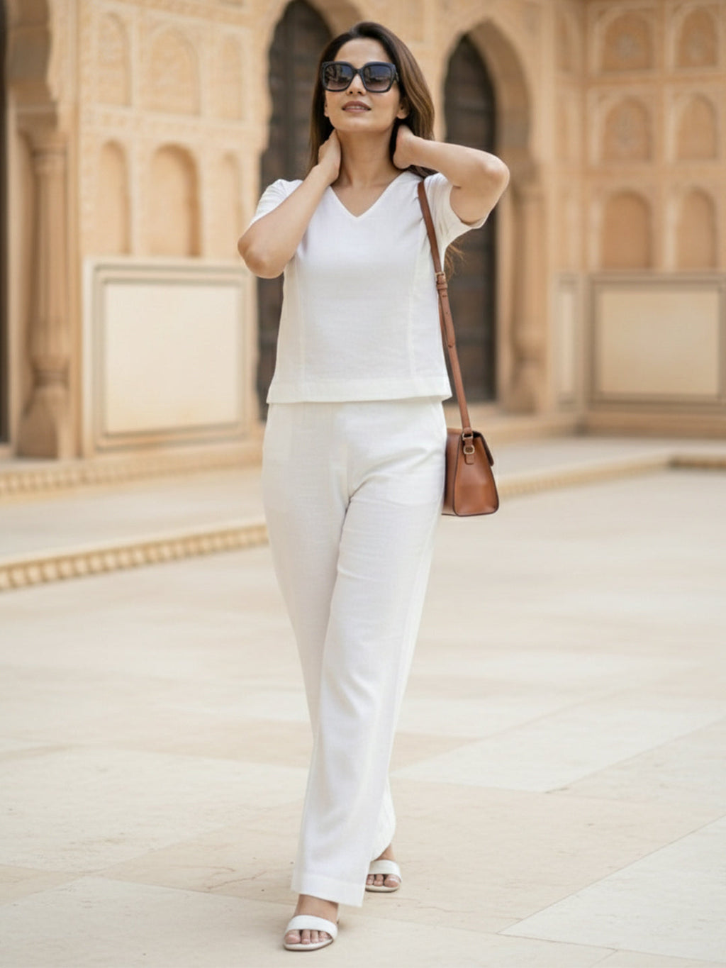 VORA LABEL Women Linen Solid Relaxed Fit Co-ord Set - White