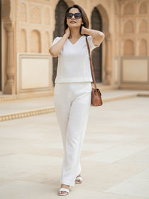 VORA LABEL Women Linen Solid Relaxed Fit Co-ord Set - White