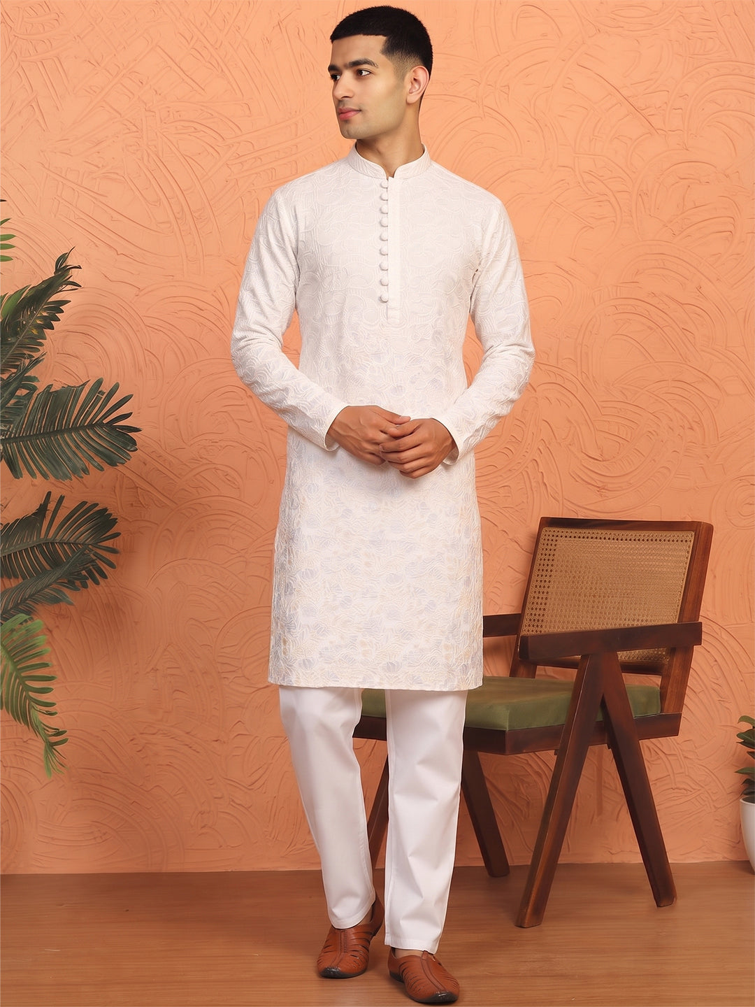 VORA LABEL Men Cotton Chikankari Embroidered Long Kurta - White Secondary image