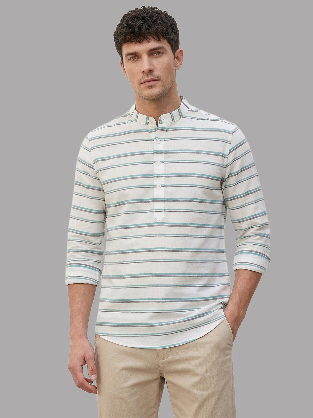 VORA LABEL Men Cotton Striped Relaxed Fit Short Kurta - Pista Blue