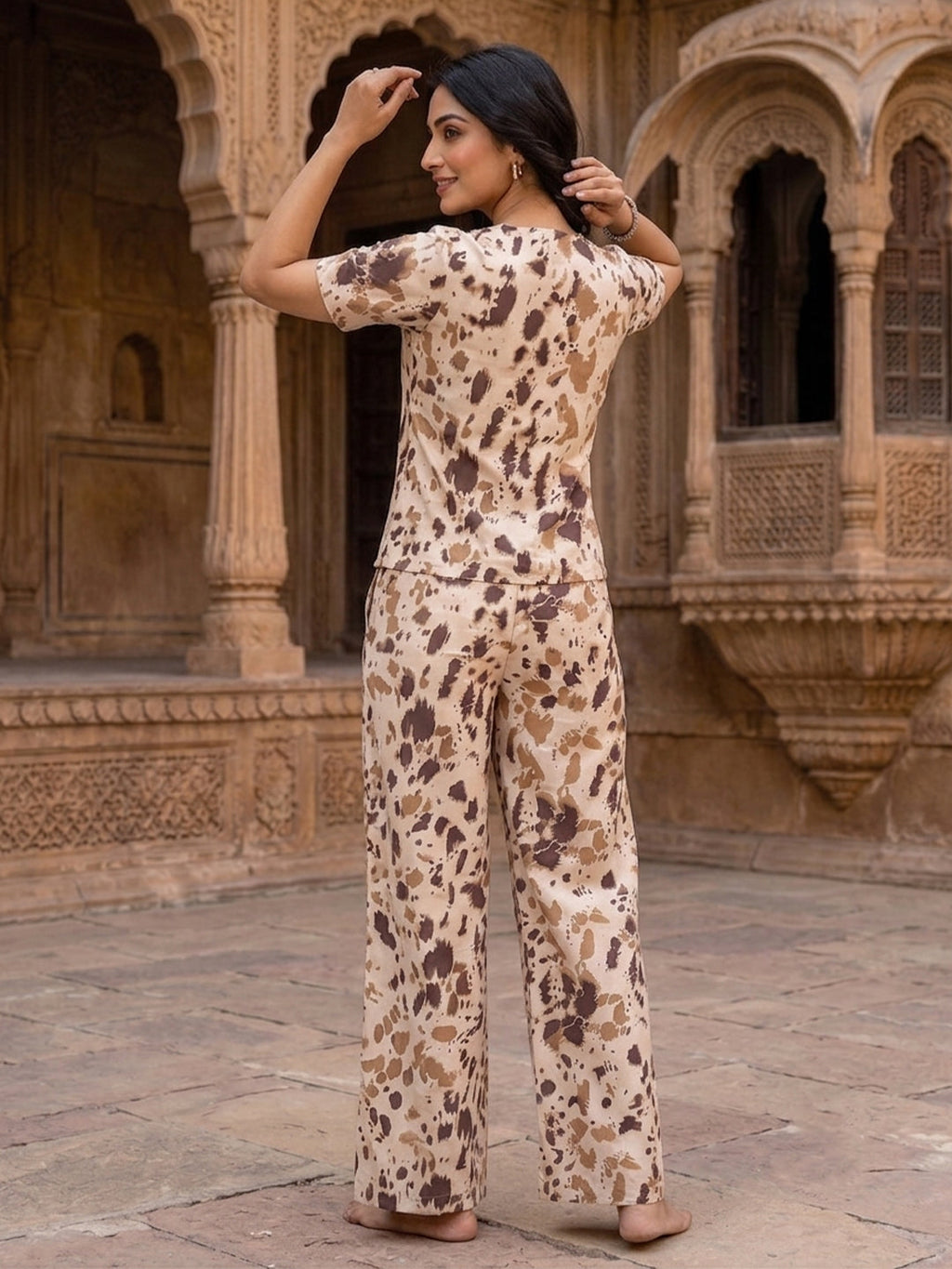 VORA LABEL Women Linen Cotton Abstract Printed Regular Fit Night Suit Set - White