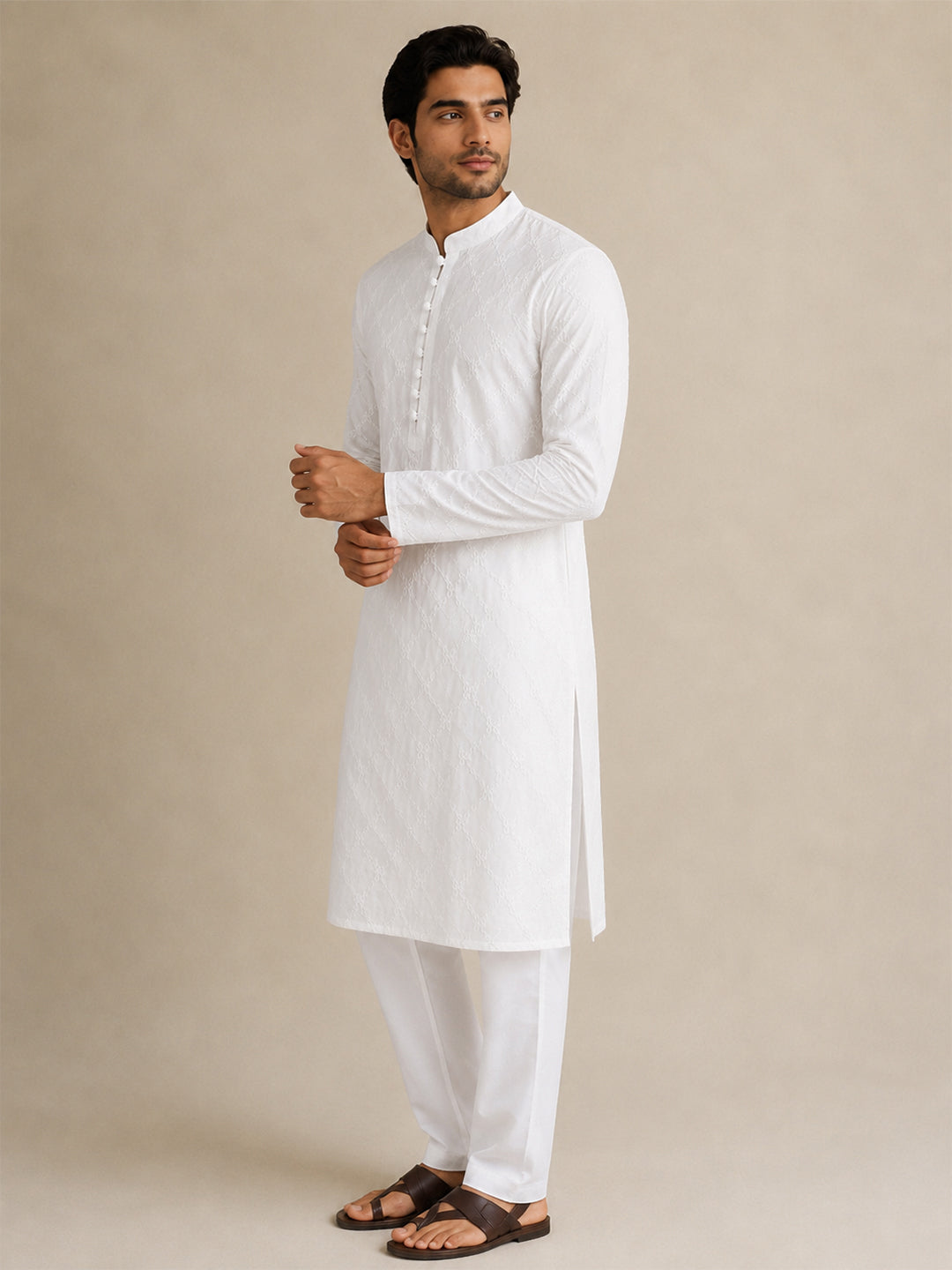 VORA LABEL Men Cotton Chikankari Embroidered Regular Fit Long Kurta - White