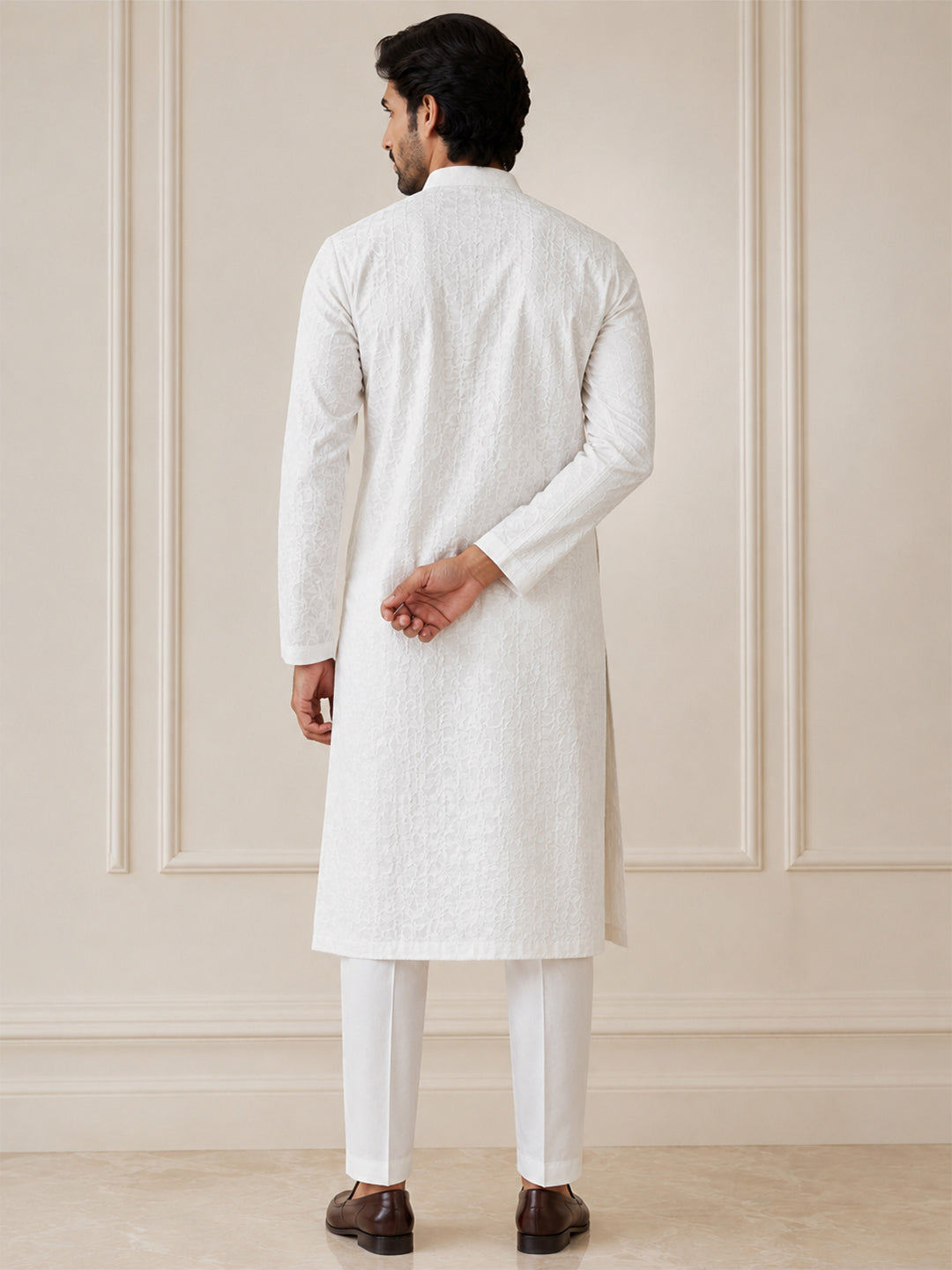 VORA LABEL Men Cotton Chikankari Embroidered Long Kurta - White