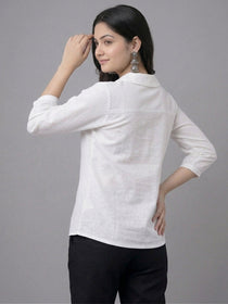 VORA LABEL Women Linen Cotton Regular Fit V Neck Top - White