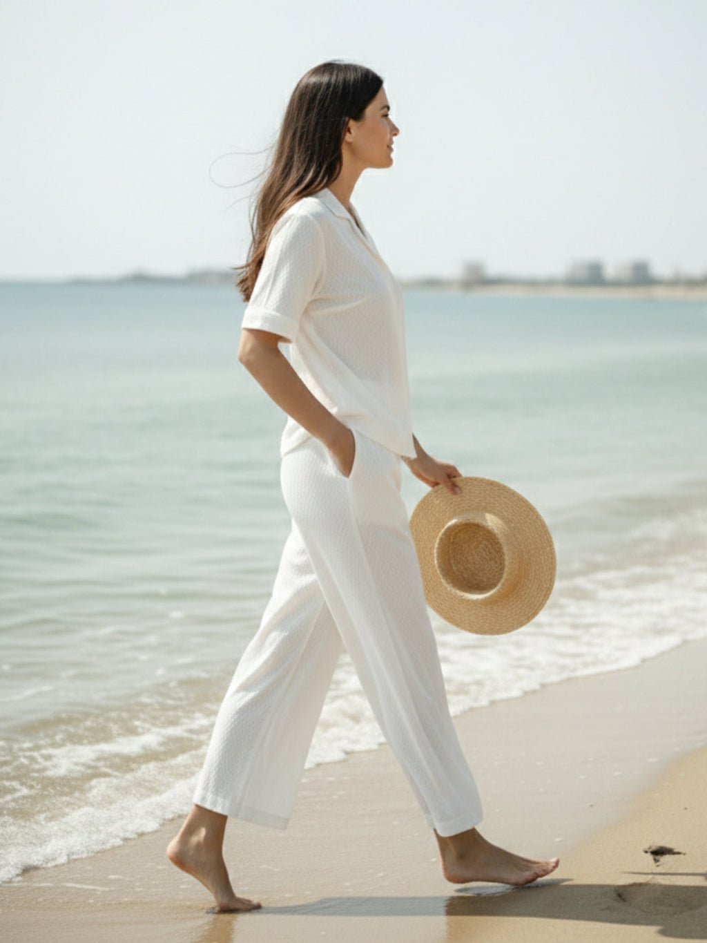 VORA LABEL Women Linen Solid Relaxed Fit Half Sleeve Co-ord Set - White