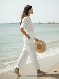 VORA LABEL Women Linen Solid Relaxed Fit Half Sleeve Co-ord Set - White